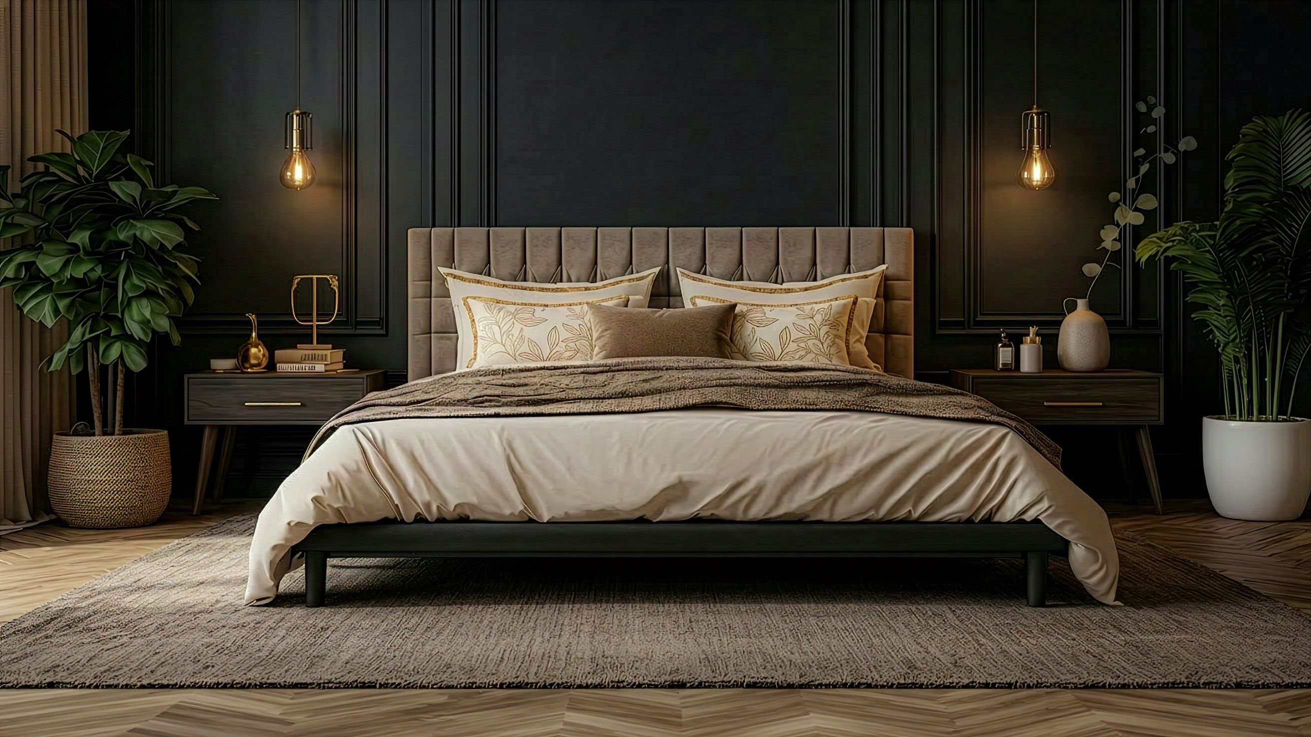 Luxury bedroom with dark paneled walls, brass pendants and botanicals