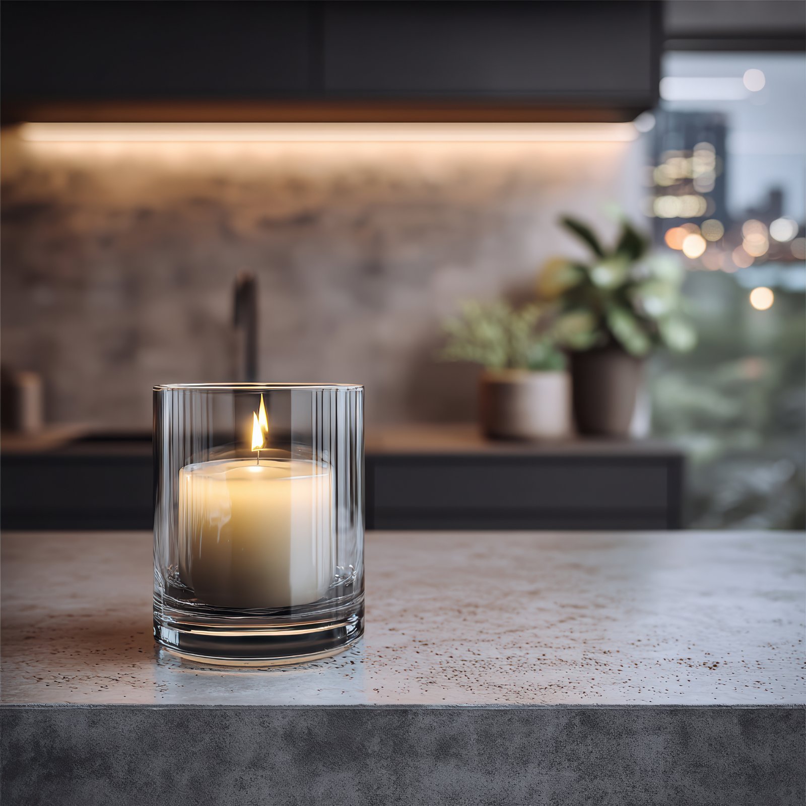 Candle glowing in luxury kitchen