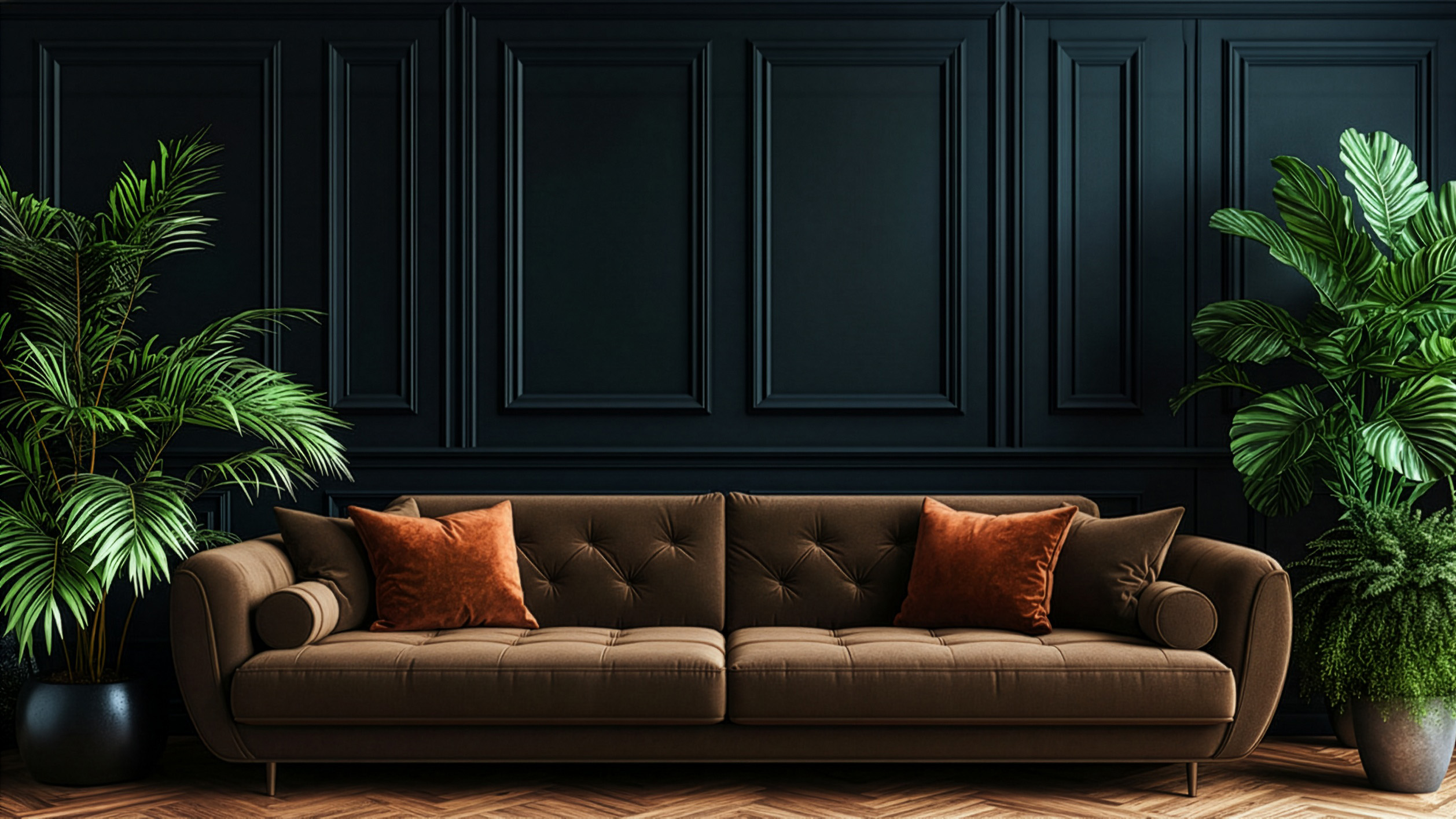 Brown velvet sofa with dark paneled walls and botanicals