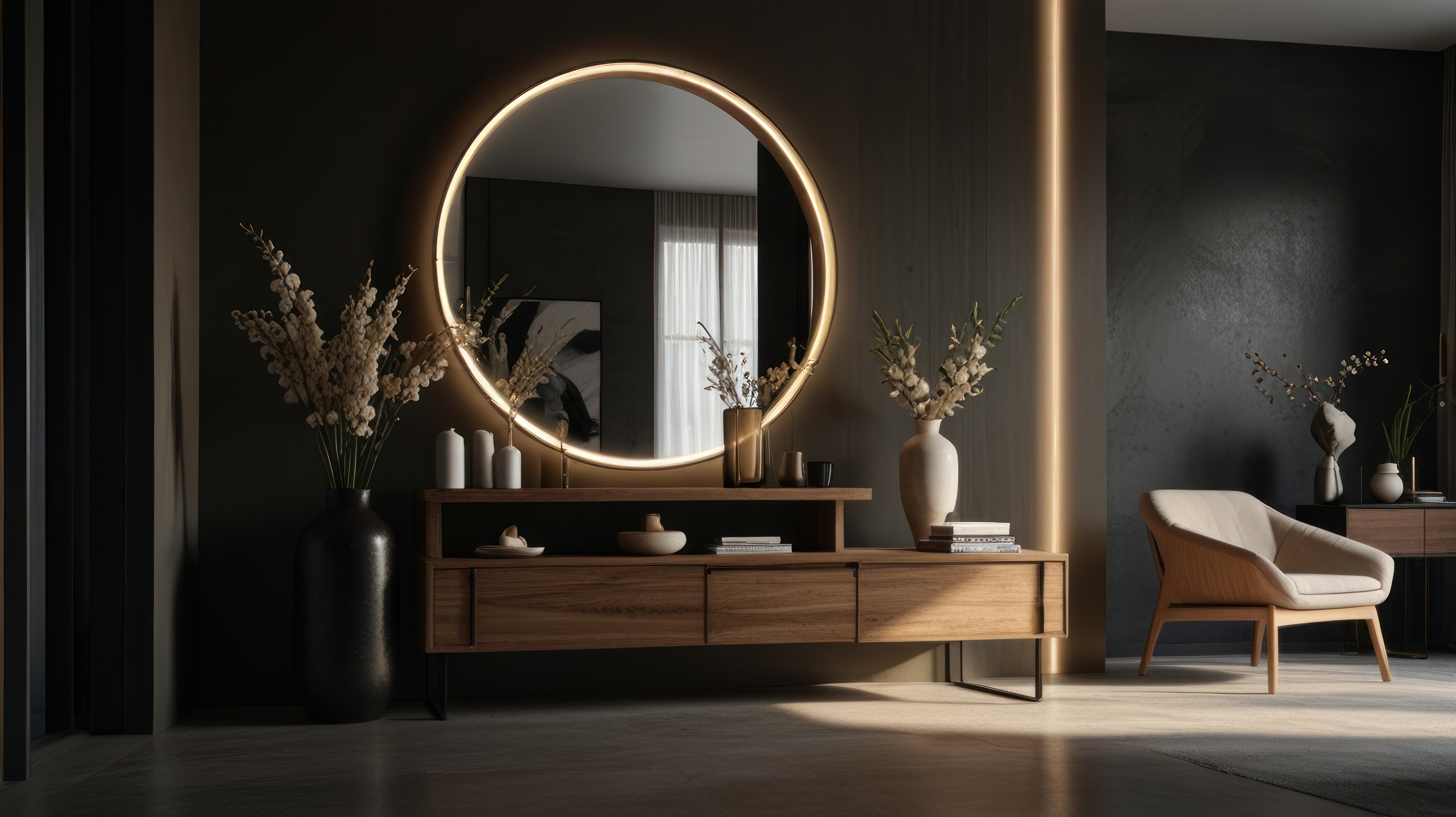 Styled console with lit mirror and dried botanicals