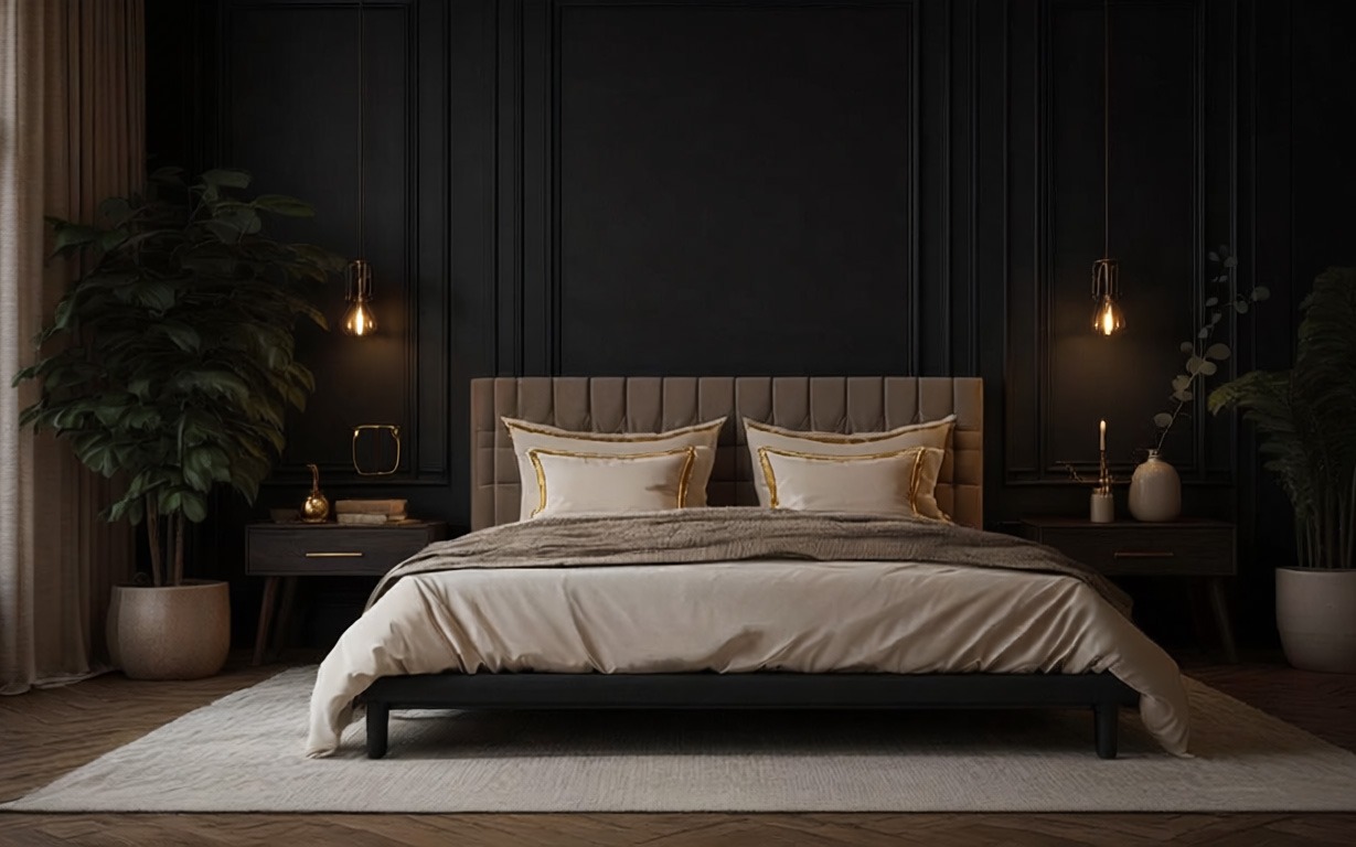 Dark luxury bedroom with gold accents