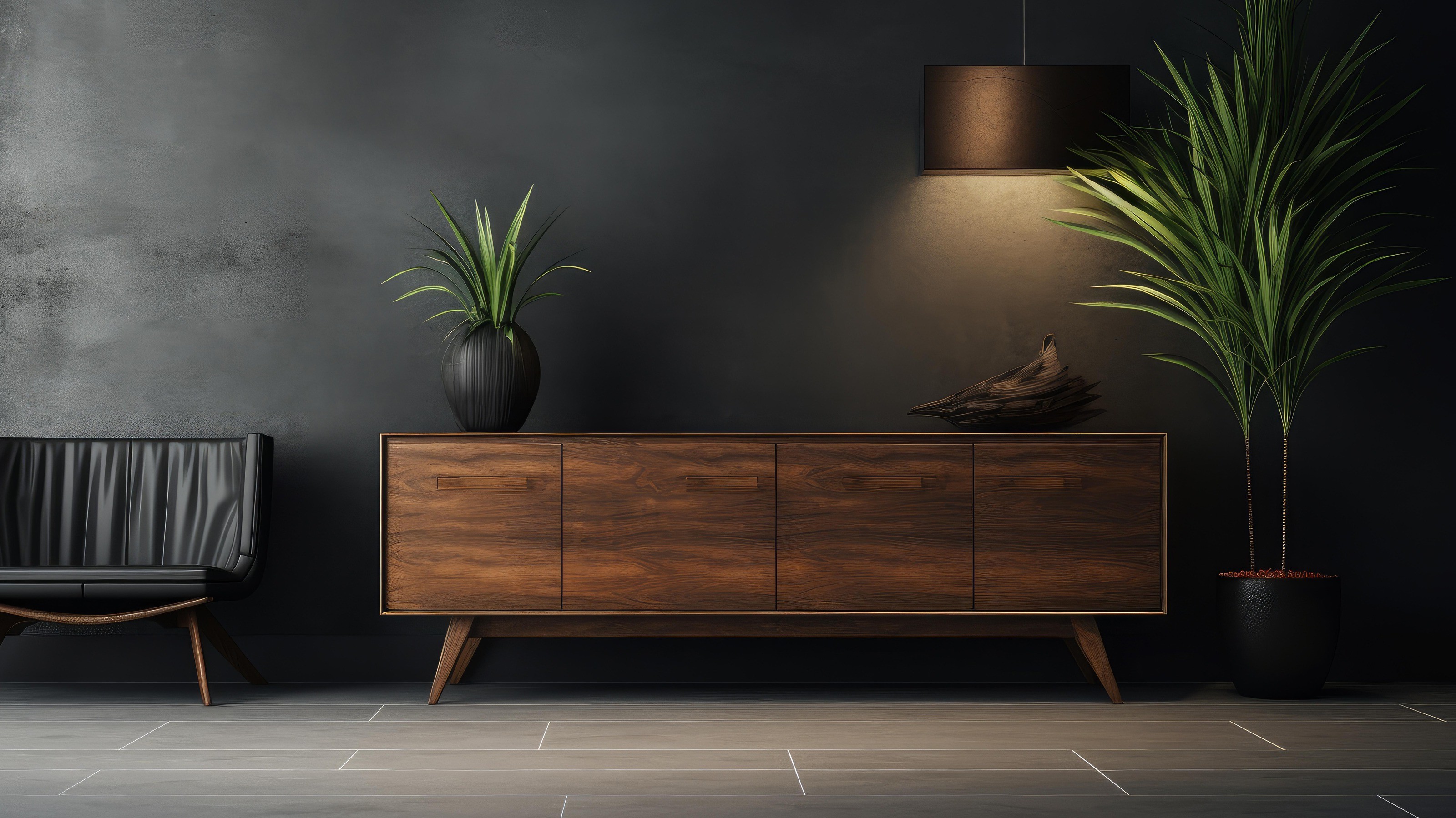 Walnut credenza with pendant light and dark walls