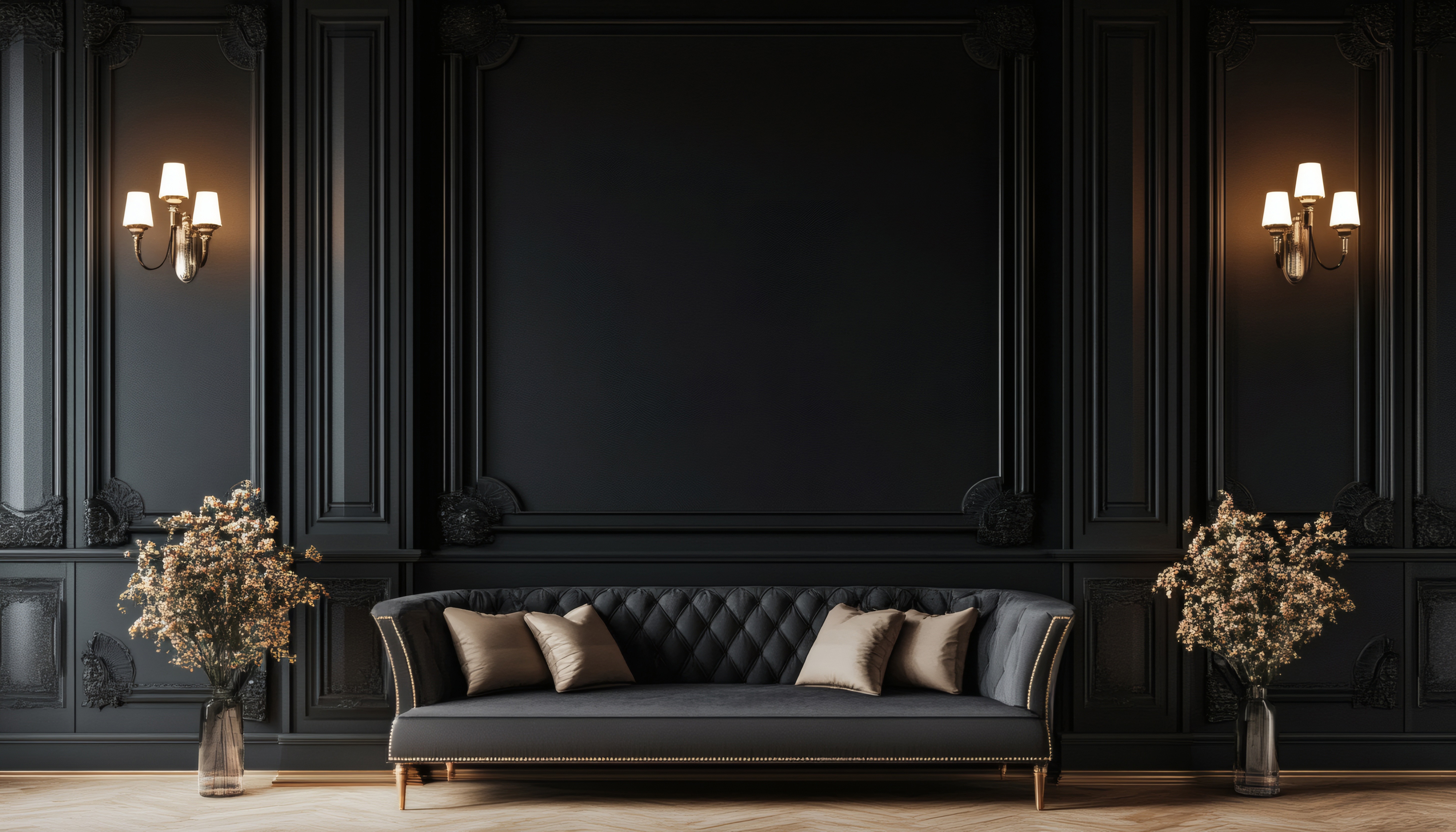 Black tufted sofa with sconces and dried florals