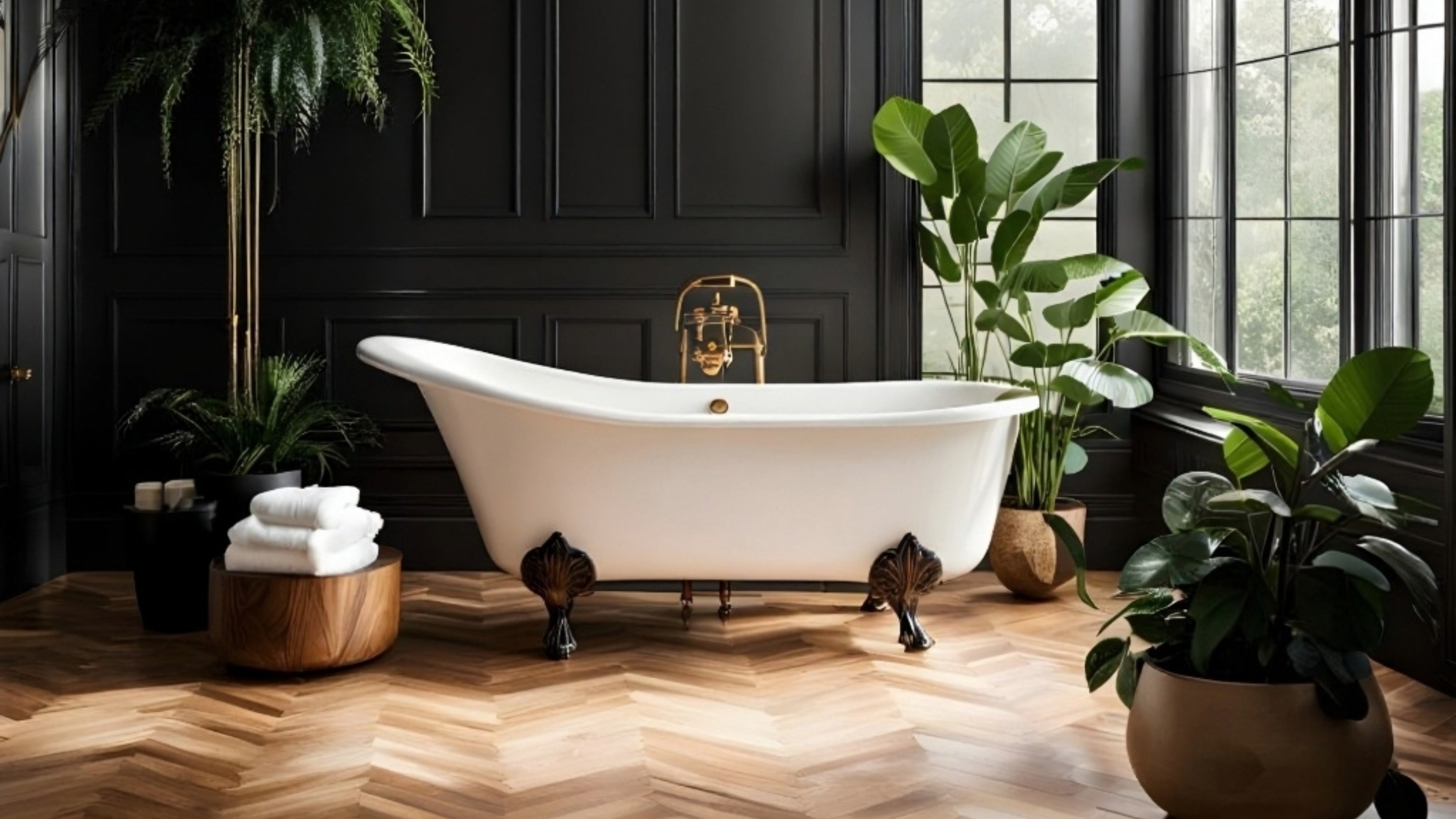 Clawfoot tub with gold fixtures and dark paneling